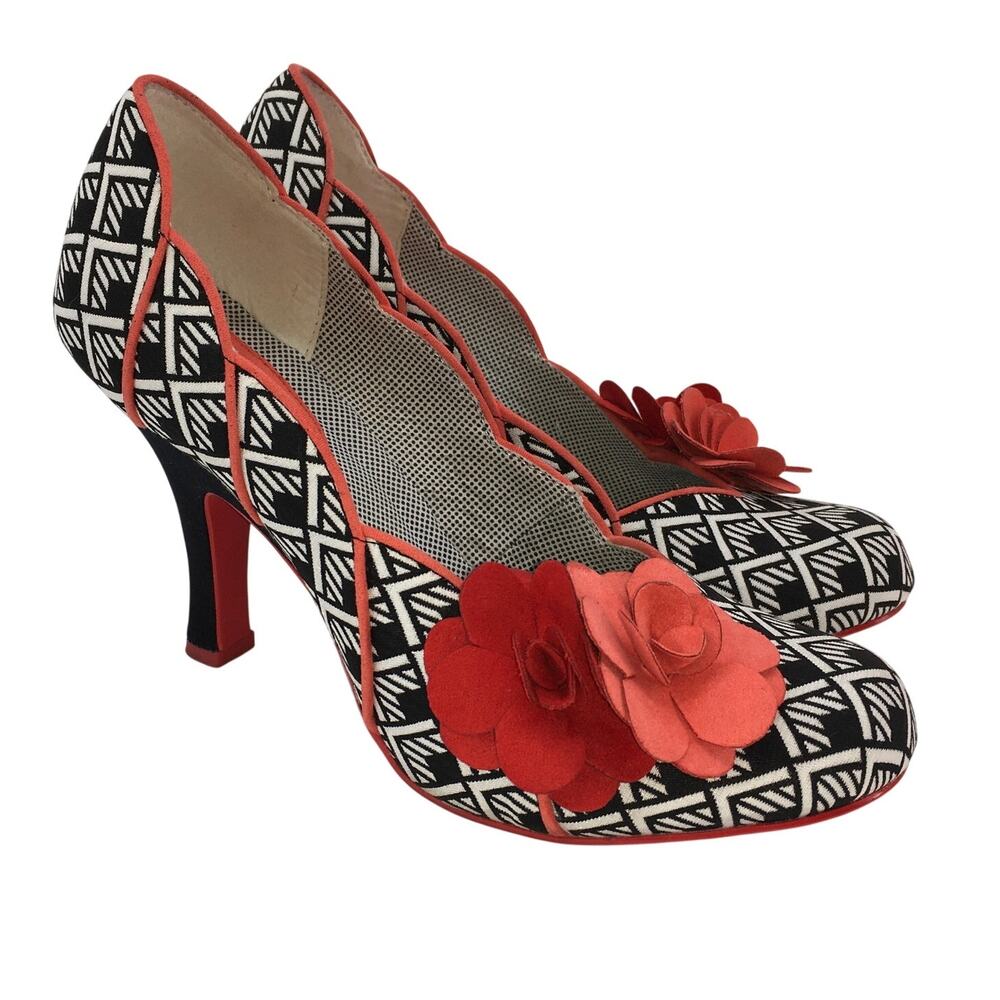 Ruby Shoo Eva High Heels Pumps Black White Red Womens EU 40 US 9 Geometric Retro